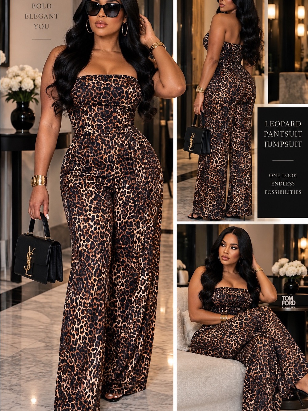 Strapless Leopard Print Wide-Leg Jumpsuit - Brown